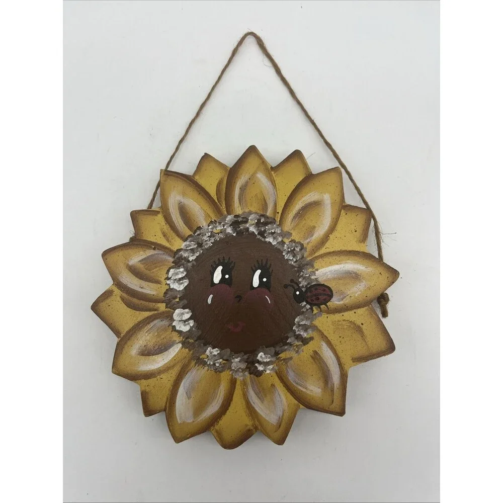 Wooden Hand painted Sunflower Plaque, Country Farmhouse, Cute Face w/Ladybug